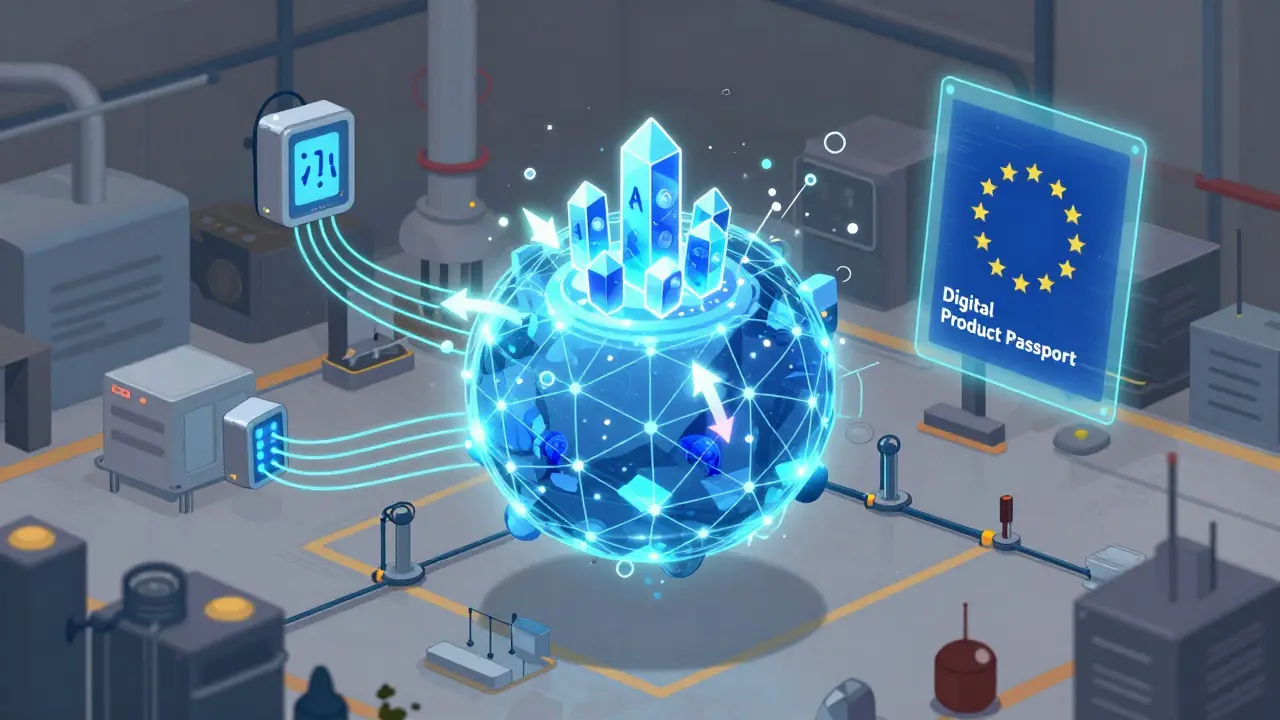 Digitaler Zwilling einer Lieferkette mit IoT-Sensoren und KI-Vorhersagen, verbunden mit einem EU-Digitalpass.