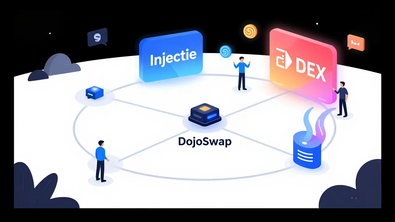DojoSwap als winziger, dunkler Smart Contract neben lebhaften, erfolgreichen DEXs auf der Injective-Blockchain.