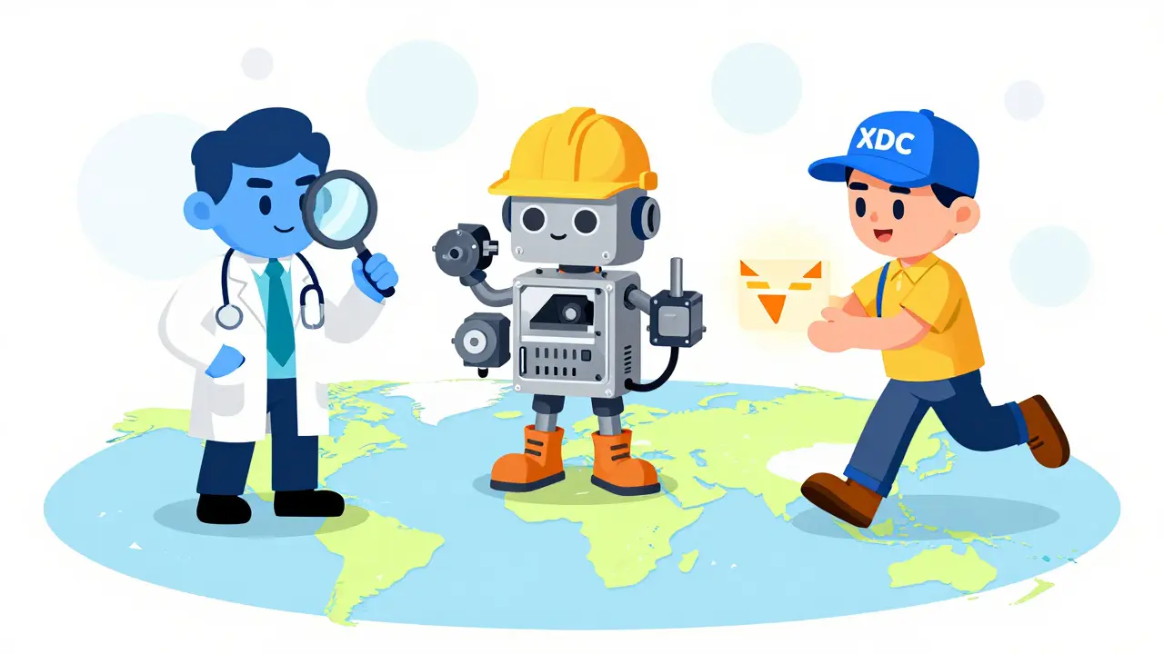 Drei stylisierte Blockchain-Plattformen als Charaktere: Arzt, Ingenieur und Kurier mit globalen Handelsrouten.