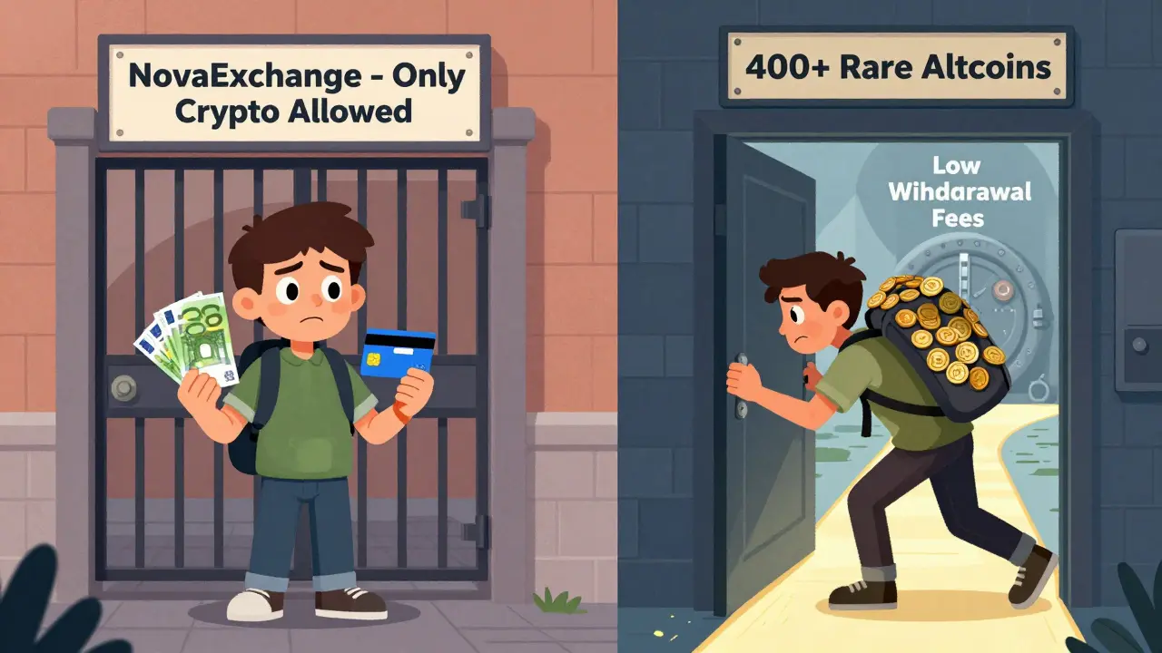 Ein Anfänger vor einer gesperrten Tür gegenüber einem erfahrenen Trader mit seltenen Coins.