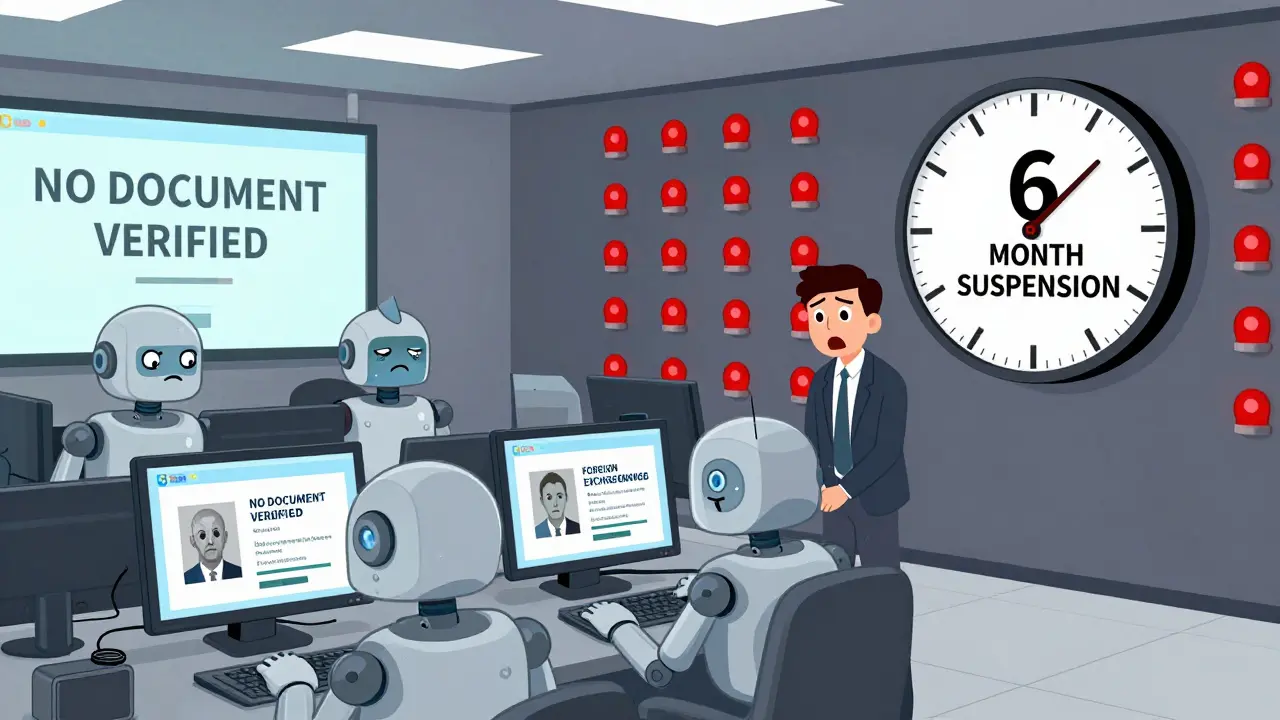 Ein chaotischer Kontrollraum mit fehlerhaften ID-Scannern und roten Warnlichtern bei Upbit.