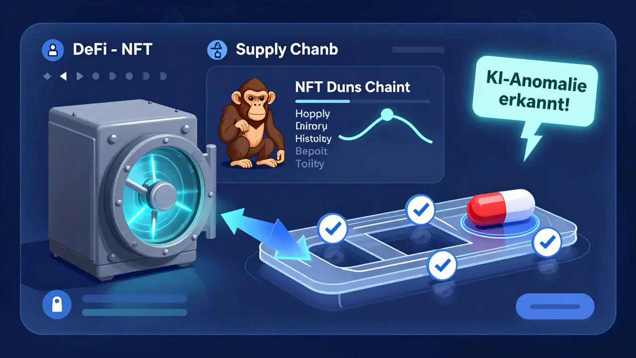 Ein Dashboard mit Echtzeit-Alerts für DeFi, NFTs und Lieferkette, mit einem Warnhinweis für ungewöhnliche Aktivitäten.