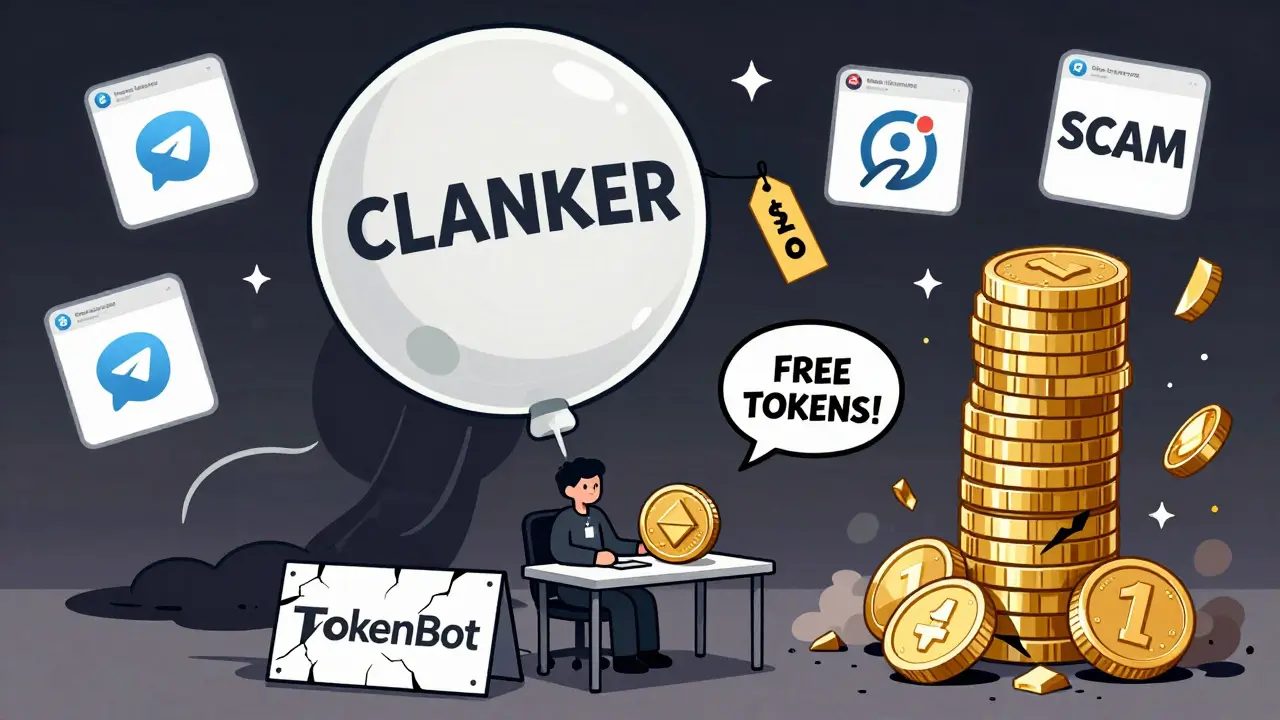 Ein einzelner Entwickler mit nur 0,01 ETH neben einem zerfallenden TokenBot-Schild, während der CLANKER-Preis in die Tiefe stürzt.