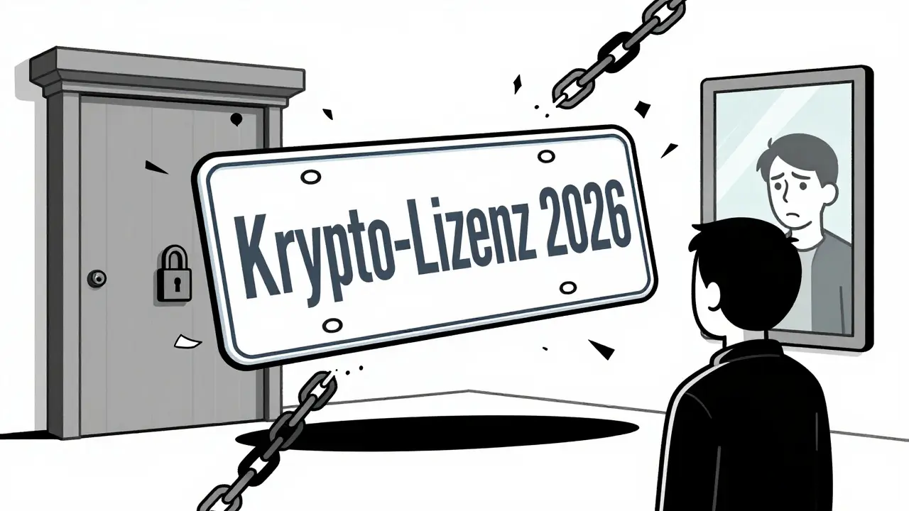 Ein futuristisches Lizenz-Schild mit 'Krypto-Lizenz 2026' schwebt, umgeben von gebrochenen Ketten und einer verschlossenen Bank.