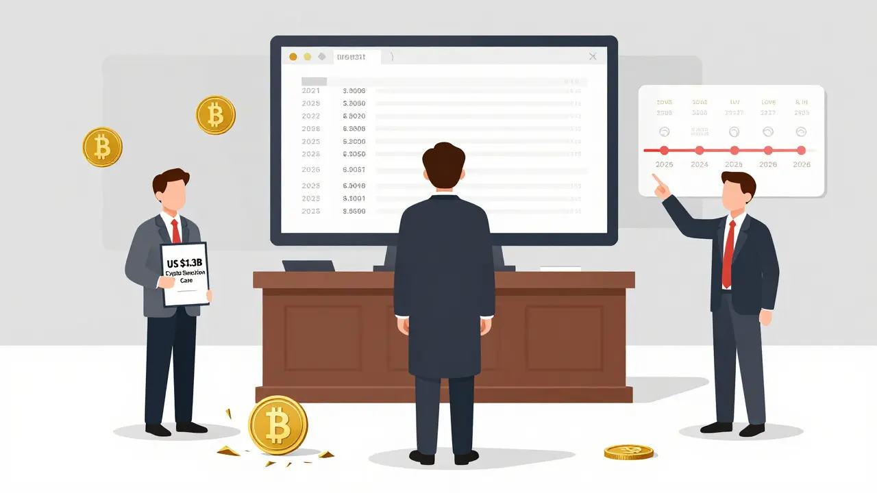 Ein Gerichtssaal mit einer riesigen Blockchain-Anzeige, die Transaktionen einer sanktionierten Krypto-Transaktion zeigt.