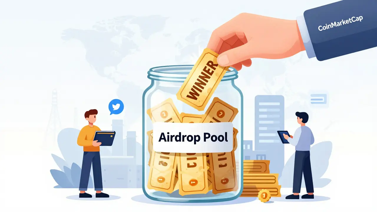 Ein Glasgefäß mit goldenen Loszetteln, eine Hand zieht einen Gewinnlos heraus, umgeben von Nutzern mit Wallets und Social-Media-Icons.