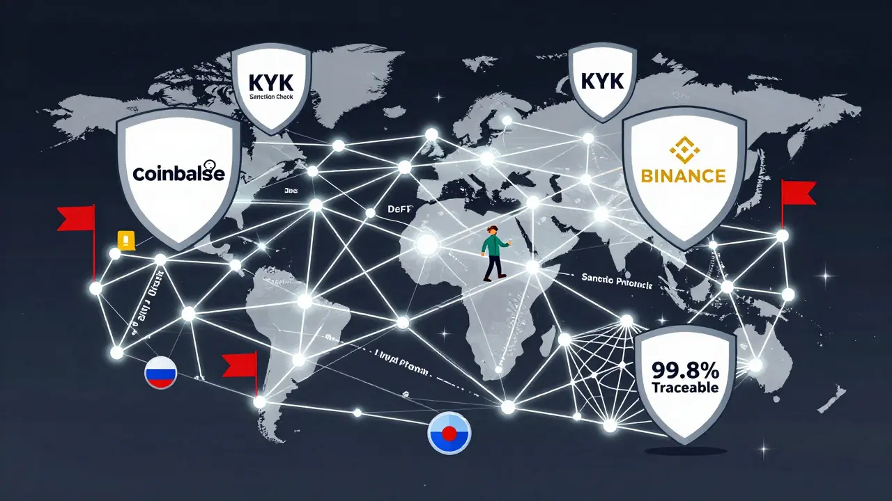 Ein globales Netzwerk aus Blockchain-Knoten mit roten Sanktionsmarkierungen und Compliance-Schutzschildern.