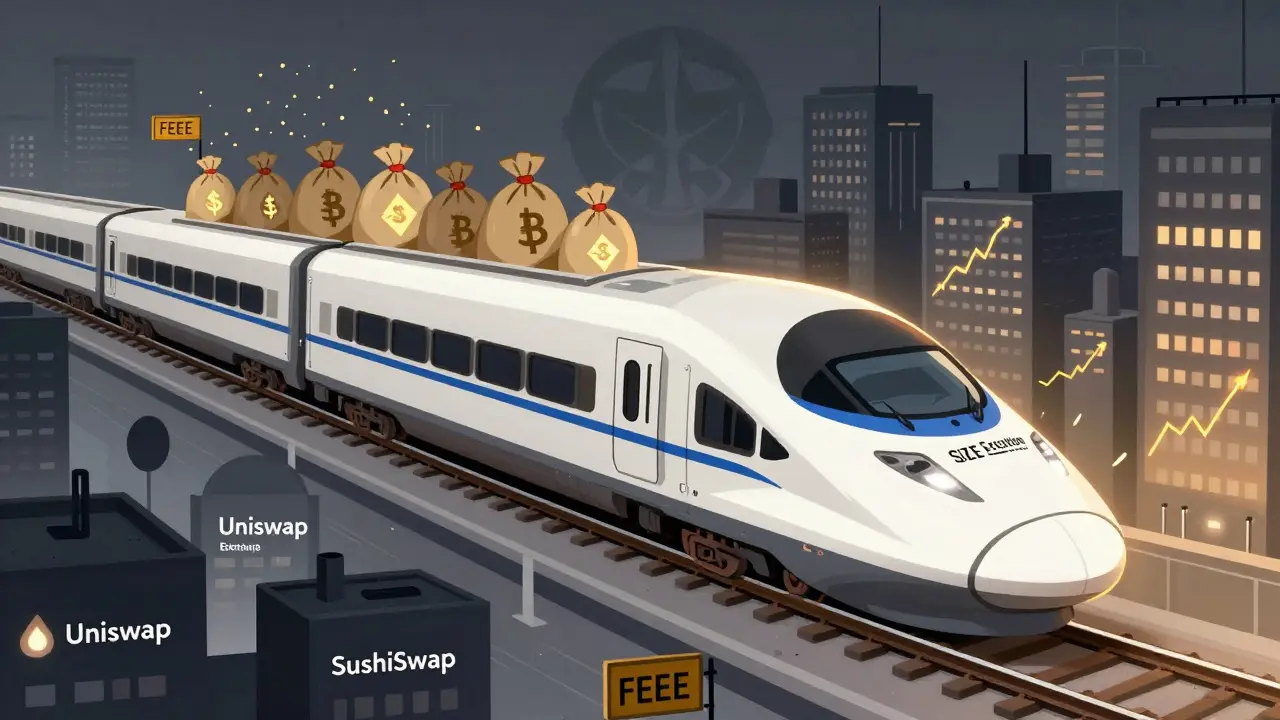 Ein Hochgeschwindigkeitszug für Krypto-Orders fährt über einen chaotischen Markt, ohne Preisstörungen zu verursachen.