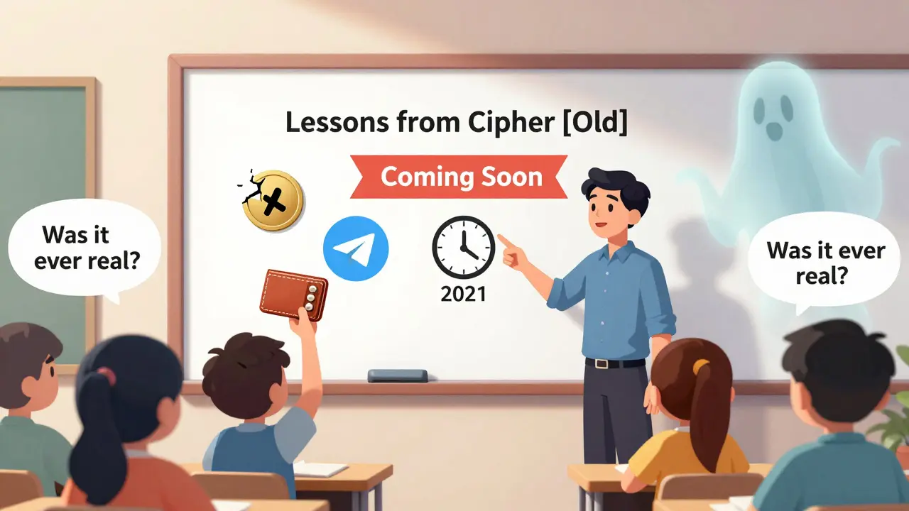 Ein Klassenzimmer mit einem Lehrer, der die Lektionen aus dem gescheiterten Cipher-Projekt erklärt, während ein Schüler einen veralteten Token hält.
