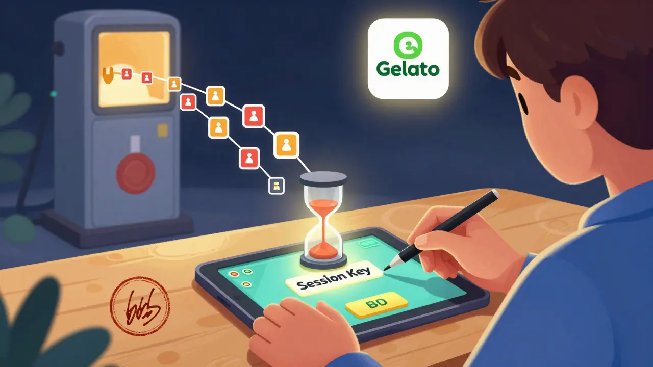 Ein Nutzer spielt ein Blockchain-Spiel, während eine Sitzungsschlüssel-Technik 100 Transaktionen ohne Gebühren ermöglicht.