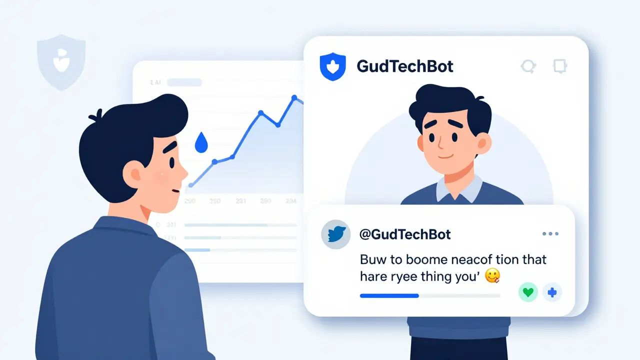 Ein Trader sieht links verwirrt Charts, rechts erhält er eine einfache KI-Analyse über Twitter.