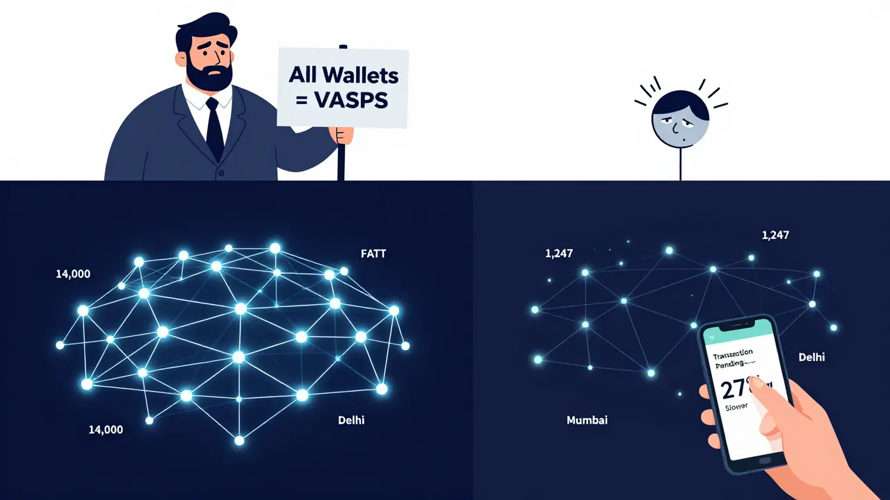 Ein Vergleich zwischen dem dichten internationalen Bitcoin-Netzwerk und dem lückenhaften indischen Netzwerk mit langsamen Transaktionen.