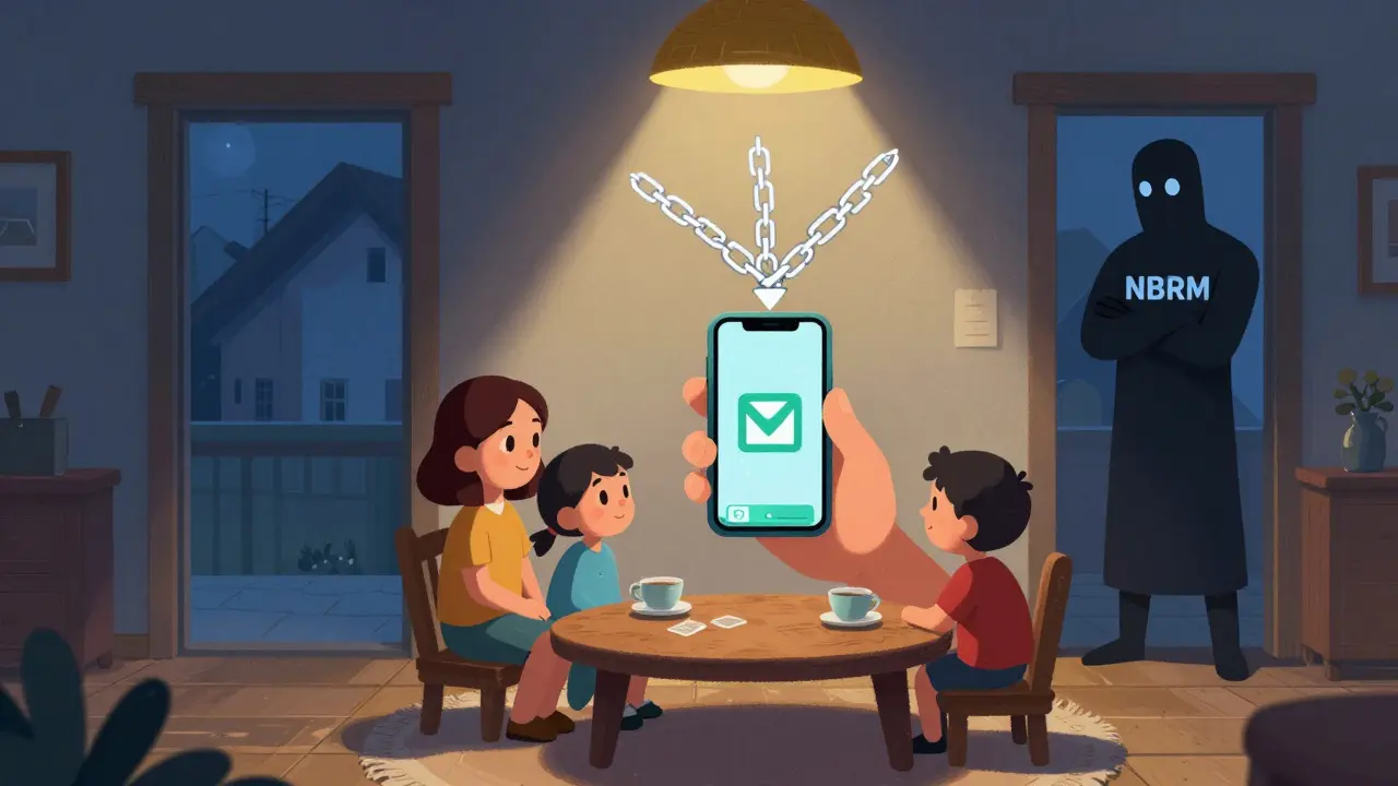 Eine Familie erhält eine Krypto-Überweisung auf dem Handy, während die Zentralbank zuseht.