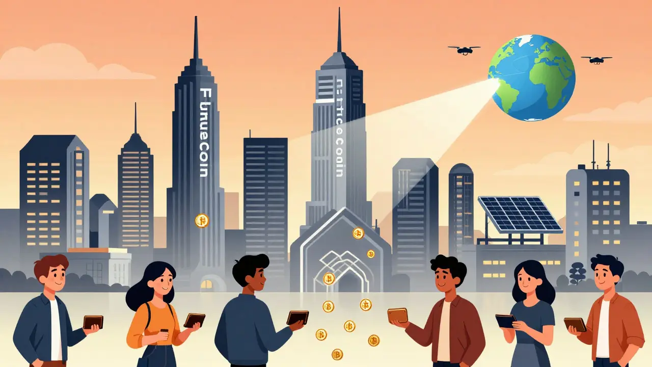 Eine futuristische Stadt aus Token-Buildings, verbunden mit echten Projekten durch einen Lichtstrahl, Menschen empfangen fallende Token.