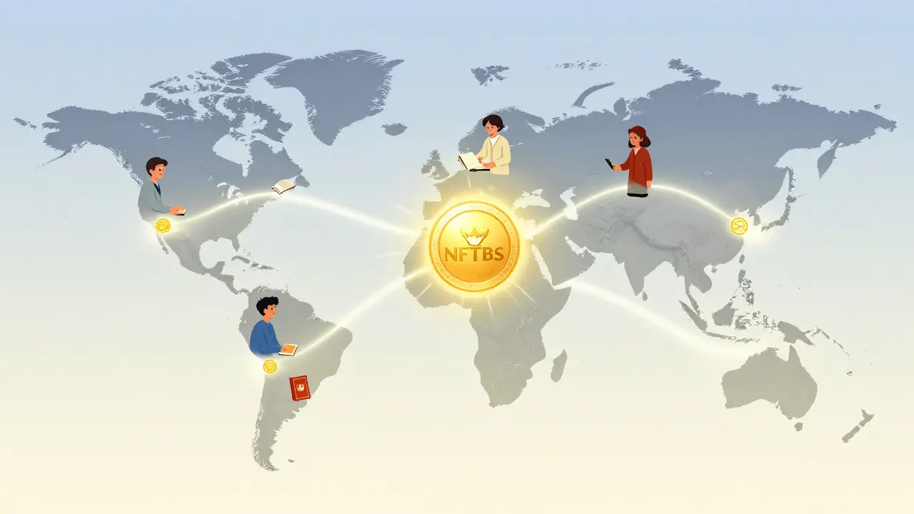 Eine globale Karte mit leuchtenden Verbindungen, die Buchtransaktionen zwischen Lesern, Autoren und Investoren darstellt.