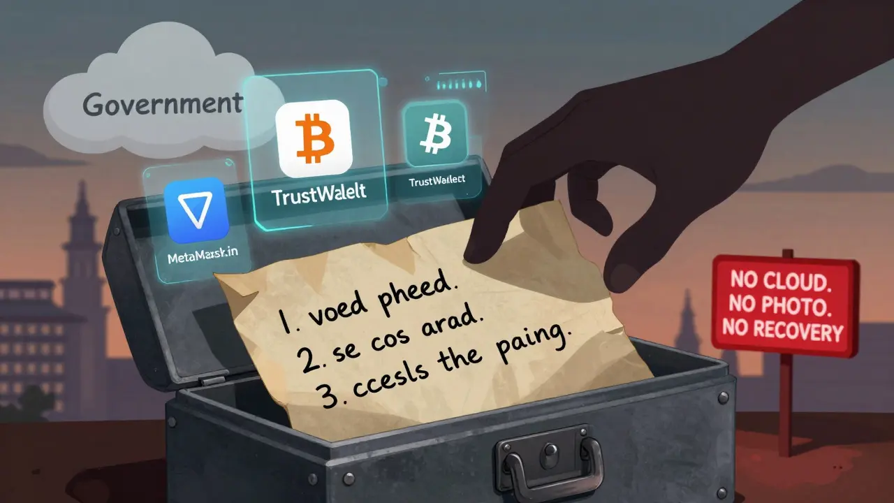 Eine handschriftliche Seed-Phrase in einer Box, während eine drohende Hand versucht, sie zu greifen — Symbol für Verlust und Kontrolle.