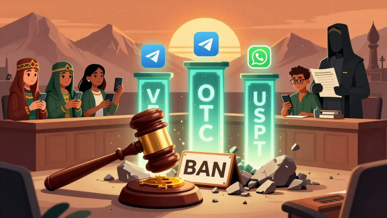 Eine symbolische Szene: Ein Bitcoin-Gewicht bricht ein Verbot, während VPN, OTC und USDT als neue Säulen der Krypto-Nutzung aufsteigen.