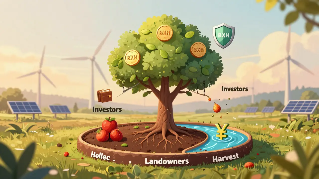 Kreislauf einer nachhaltigen Agrar-Plattform: Baum mit Token-Blättern, Wurzeln in Landwirtschaft, Früchte als Ernte, abgeleitet in lokale Währungen.