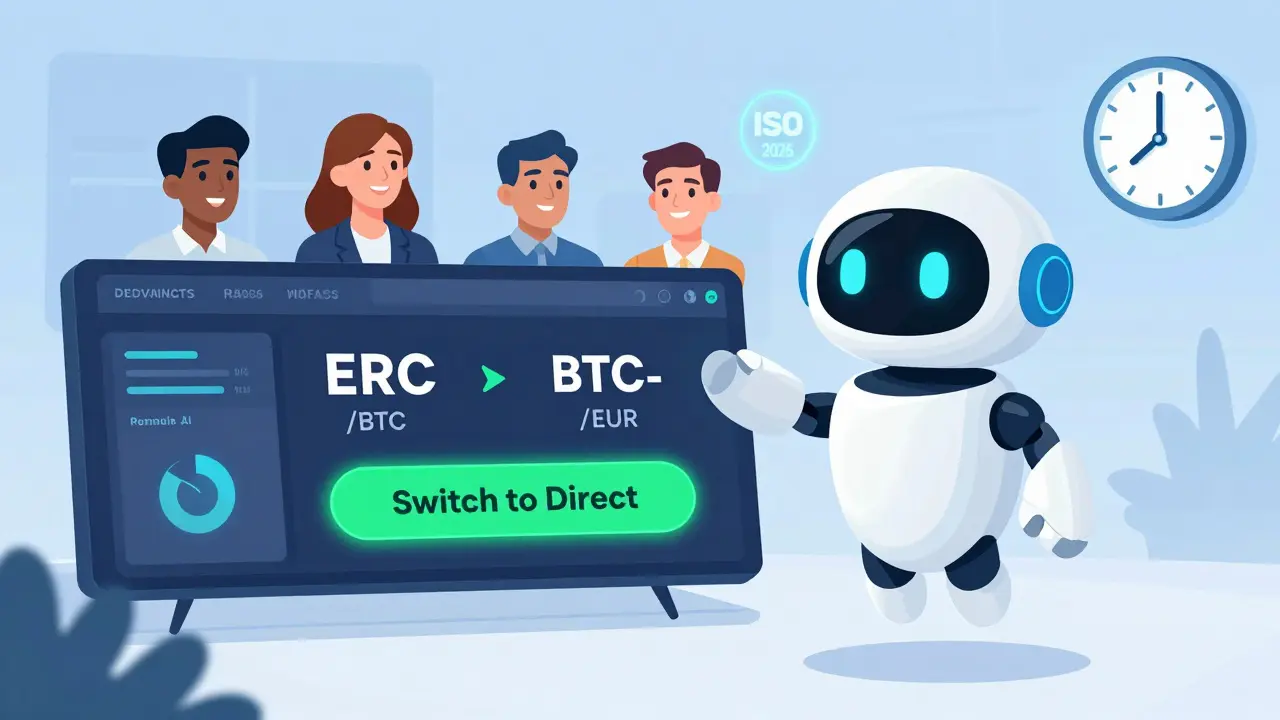 Künstliche Intelligenz wandelt eine indirekte Krypto-Quote automatisch in eine direkte um, mit modernem Trading-Dashboard.