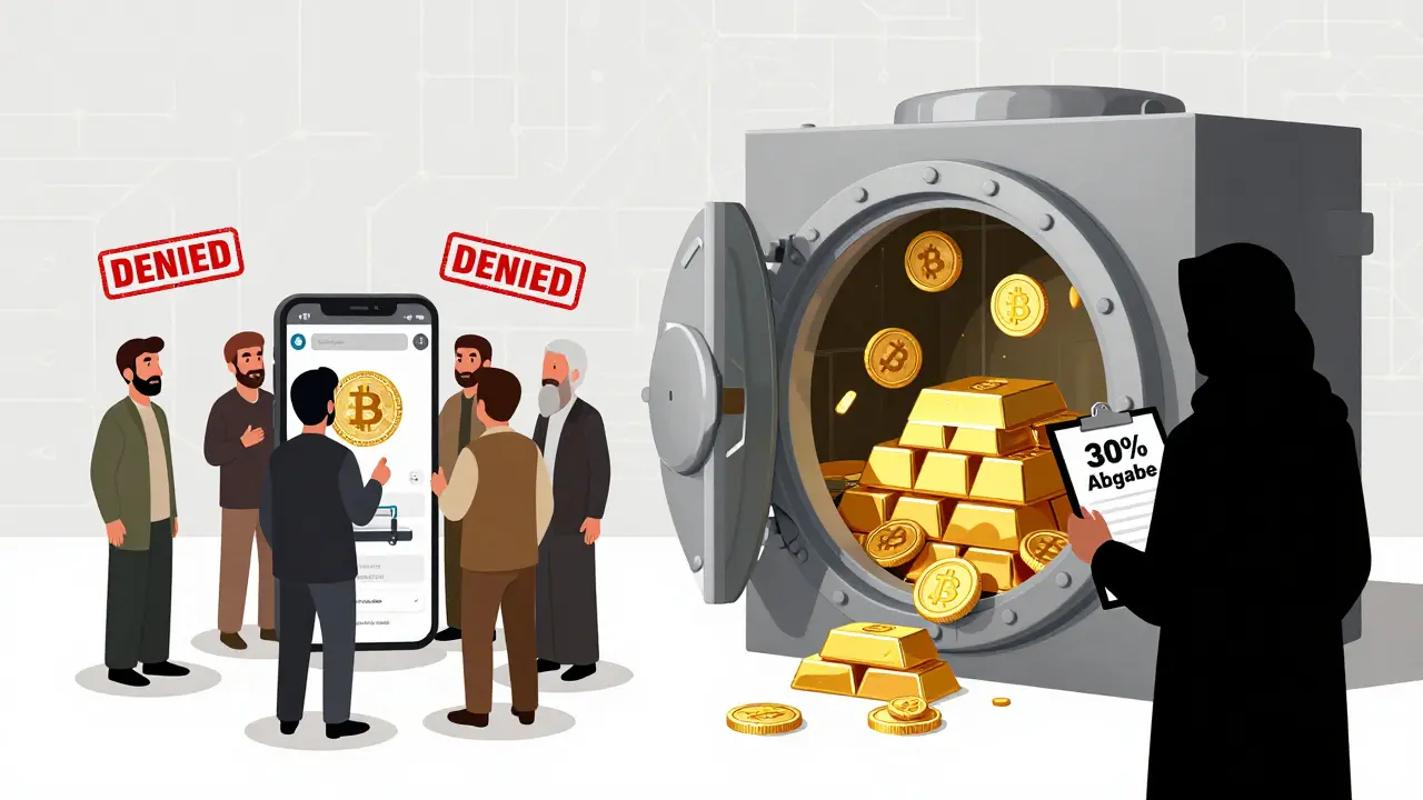 Links: Iraner dürfen keine Kryptowährungen kaufen; rechts: Die Zentralbank handelt Bitcoin gegen Gold und Öl, mit 30%-Abgabe-Symbolik.