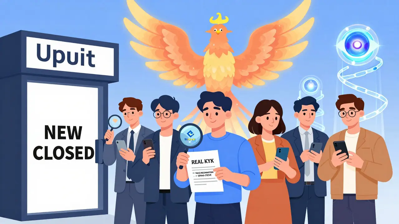 Nutzer vor einem geschlossenen Upbit-Eingang, während sie zu anderen Börsen schauen.