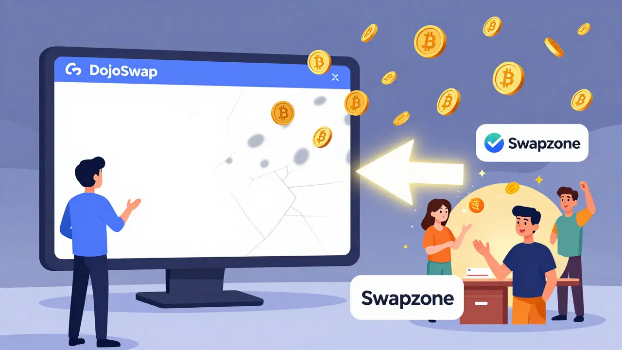 Nutzer vor einem leeren DojoSwap-Bildschirm, während andere sichere Austauschoptionen lebhaft funktionieren.