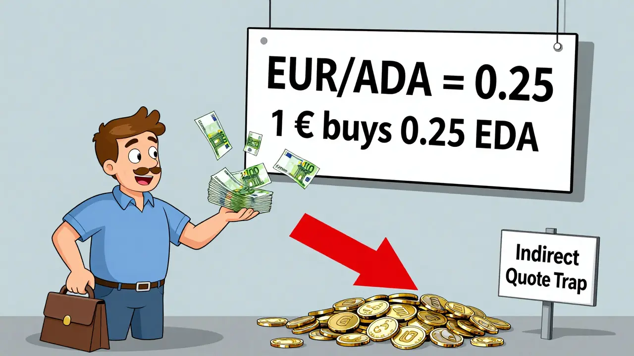 Trader kauft fälschlicherweise ADA, weil er eine indirekte Quote missversteht und viel mehr Geld ausgibt als geplant.