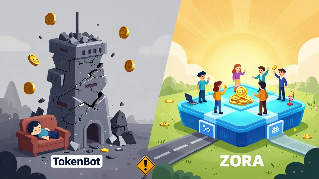 Vergleich: Chaos und Zerfall bei TokenBot vs. stabile, helle Plattform mit Nutzern und Entwicklern bei ZORA.