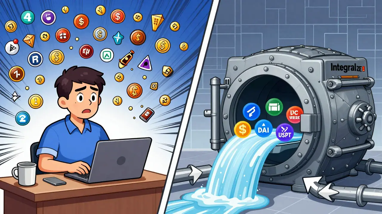 Vergleich: Chaotischer Einzelhandelshandel links vs. ruhige, fokussierte Ausführung von fünf Hauptkryptowährungen rechts.