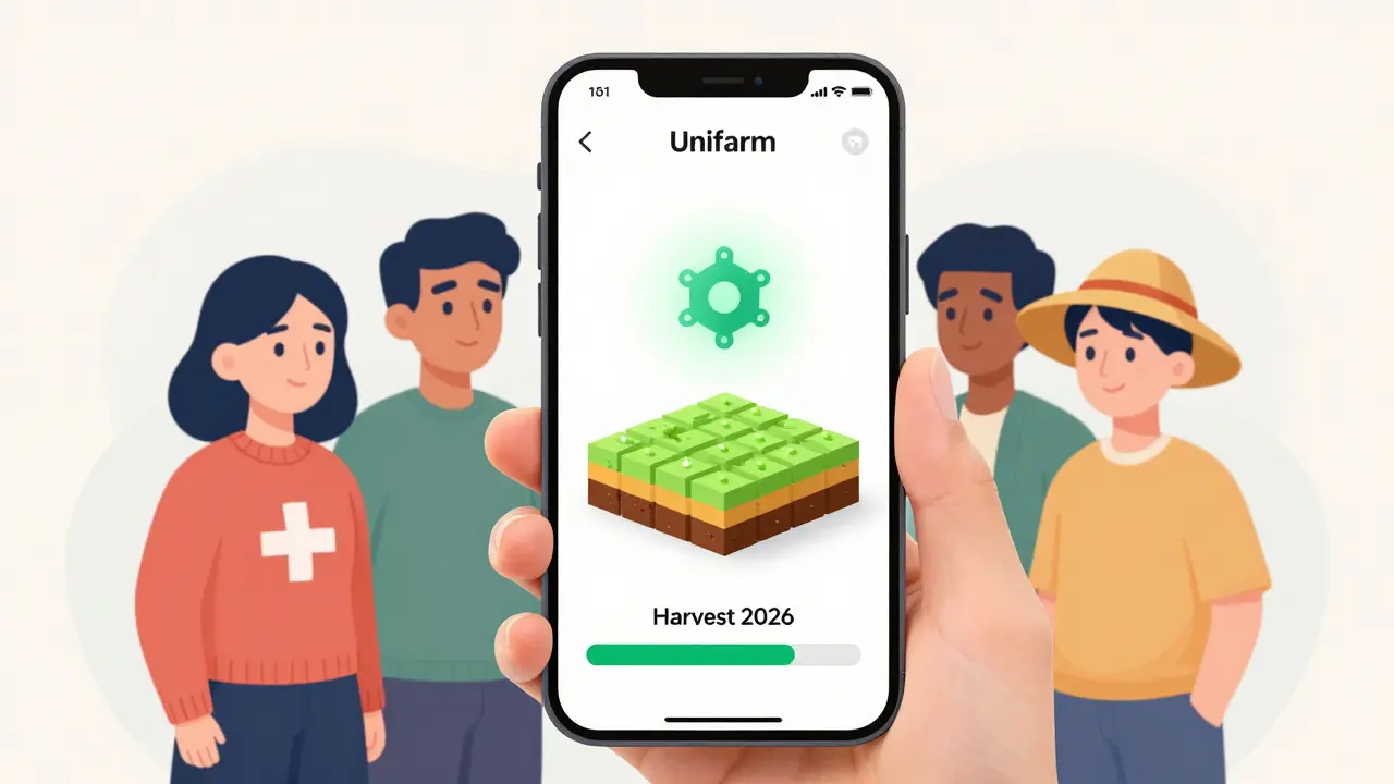 Verschiedene Nutzer betrachten die Unifarm-App auf ihrem Smartphone, die eine tokenisierte Ackerfläche mit Fortschrittsanzeige zeigt.