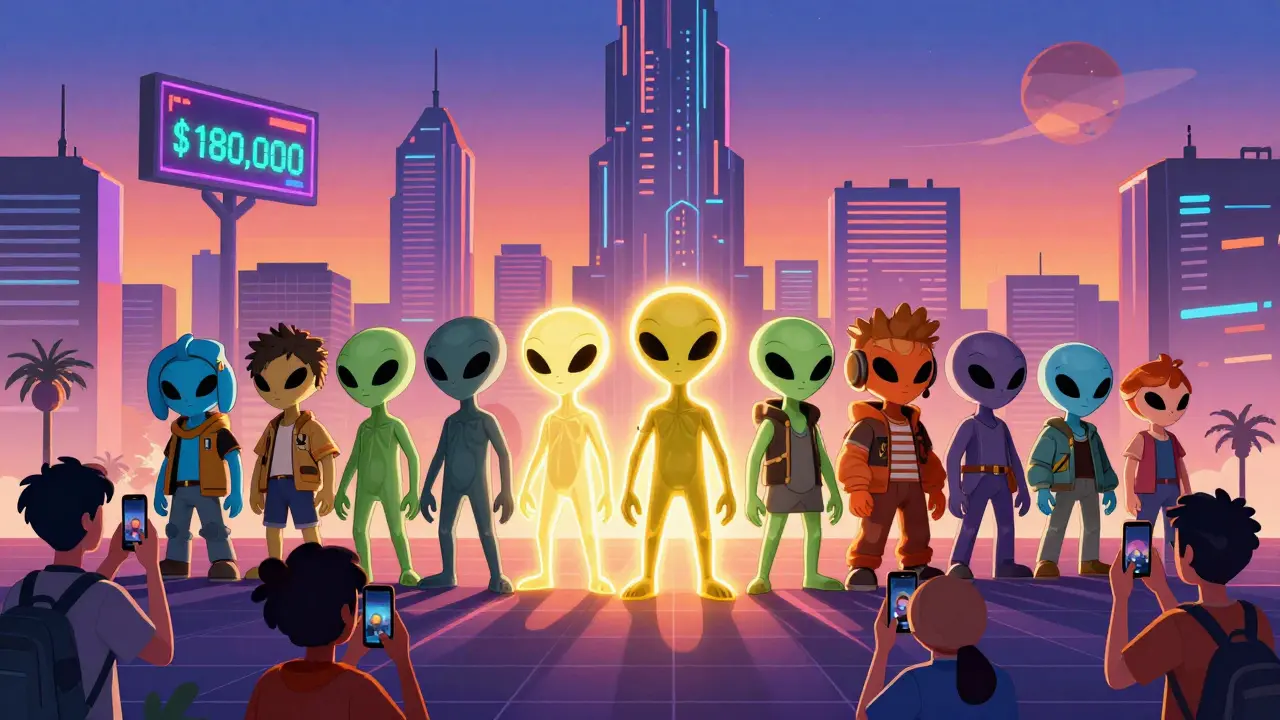 10.000 einzigartige CryptoPunk-Charaktere in einer retro-futuristischen Stadt, mit seltenen Alien-Varianten im Zentrum und einem Preisschild.