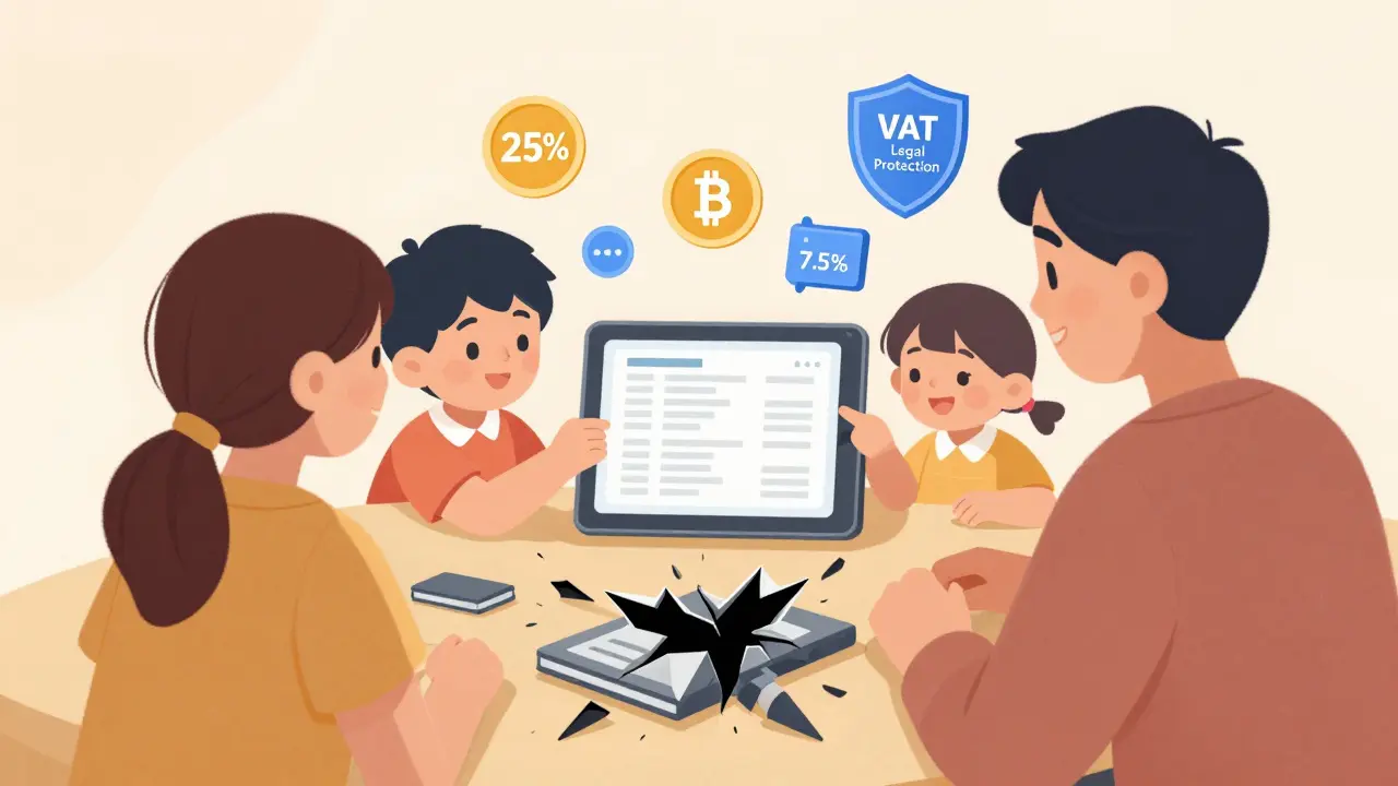 A family reviewing crypto records with tax and VAT labels, safe licensed platform shown.