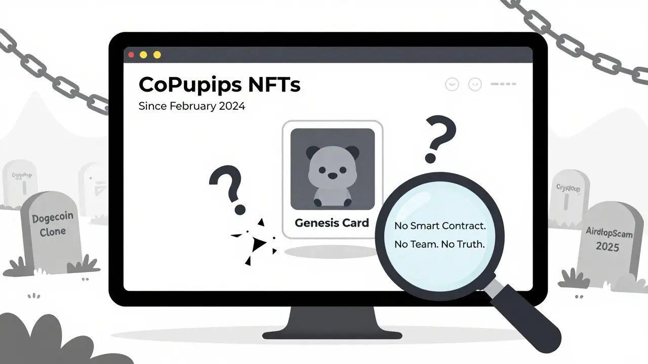 Blockchain-Explorer zeigt null Transaktionen für CoPuppy-NFTs, nur eine verblasste Genesis-Karte.