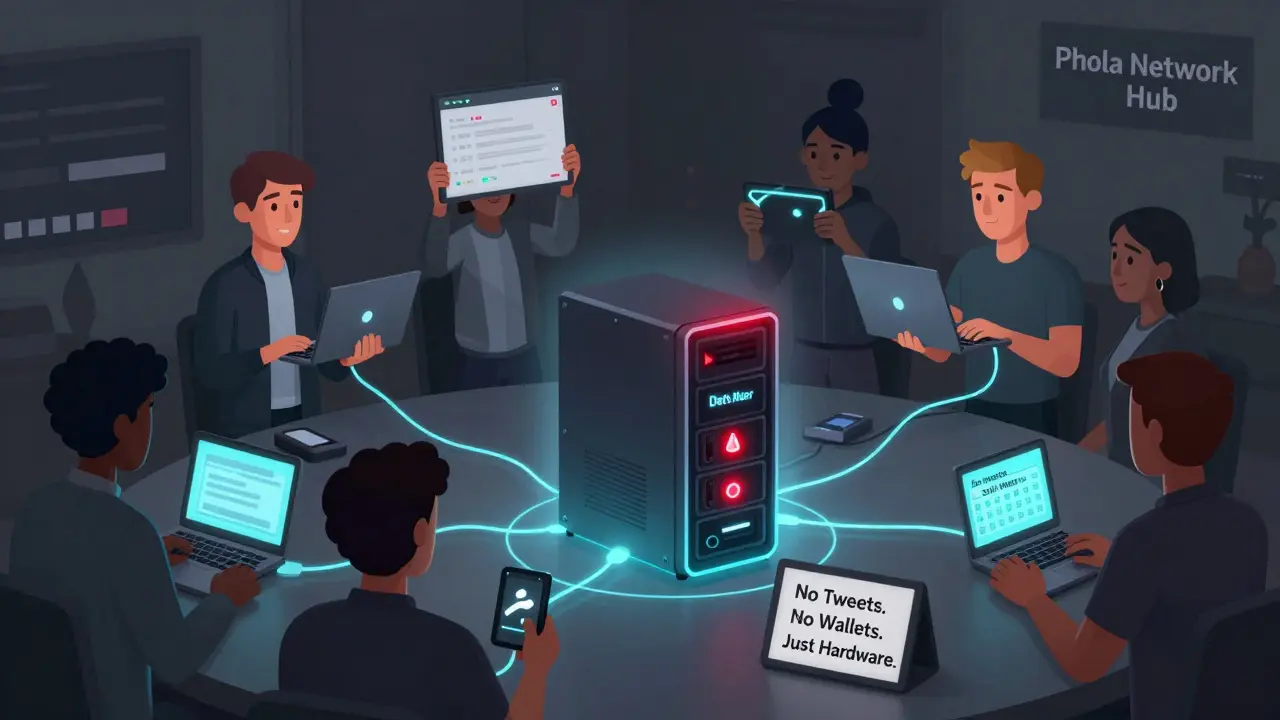 Diverses Team betreibt Miner-Knoten in einer dunklen Halle, verbunden mit einem zentralen 'Darth Vader'-Server, während sie auf die Auszahlung warten.