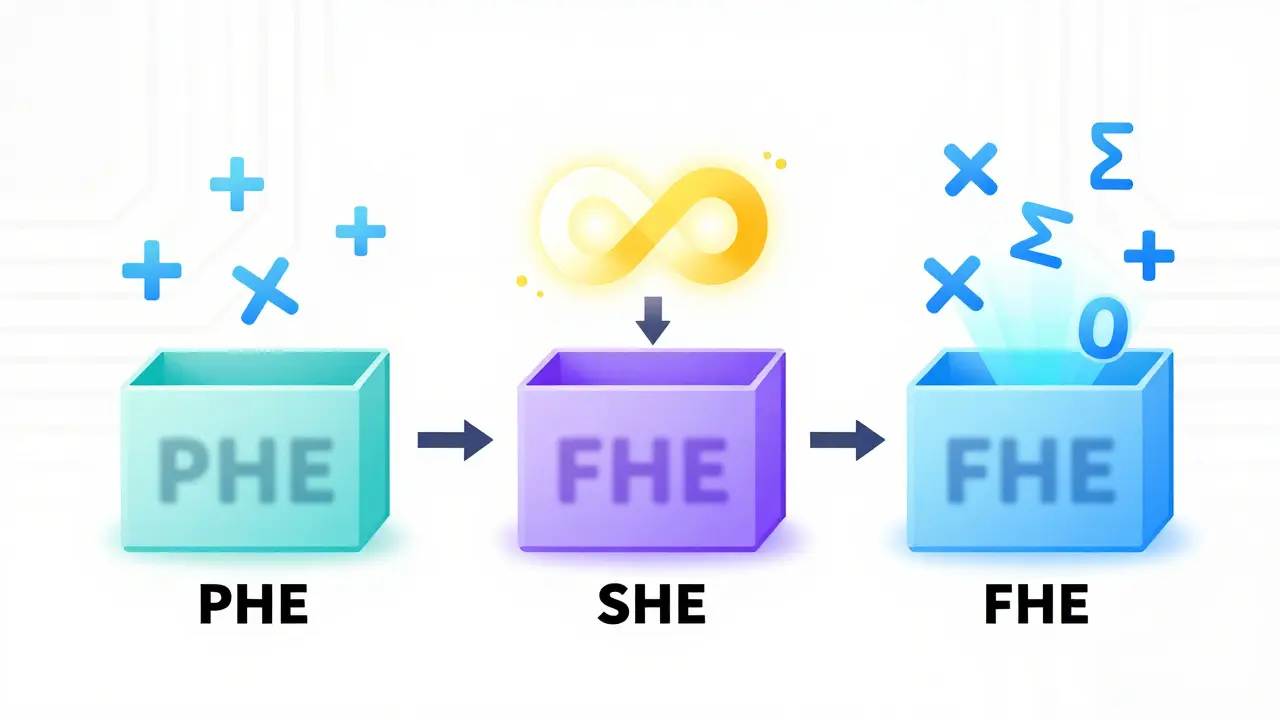 Drei Typen homomorpher Verschlüsselung – PHE, SHE und FHE – mit unterschiedlichen Berechnungsfähigkeiten, dargestellt als verschlüsselte Zahlen mit Operationen.