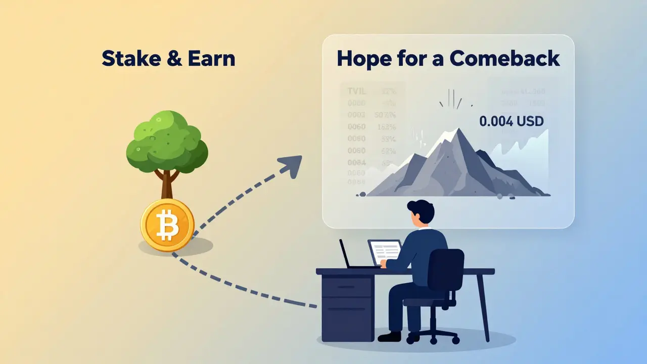 Ein Anleger steht vor der Wahl: Staken für sichere Belohnungen oder auf einen unmöglichen Preisanstieg hoffen.