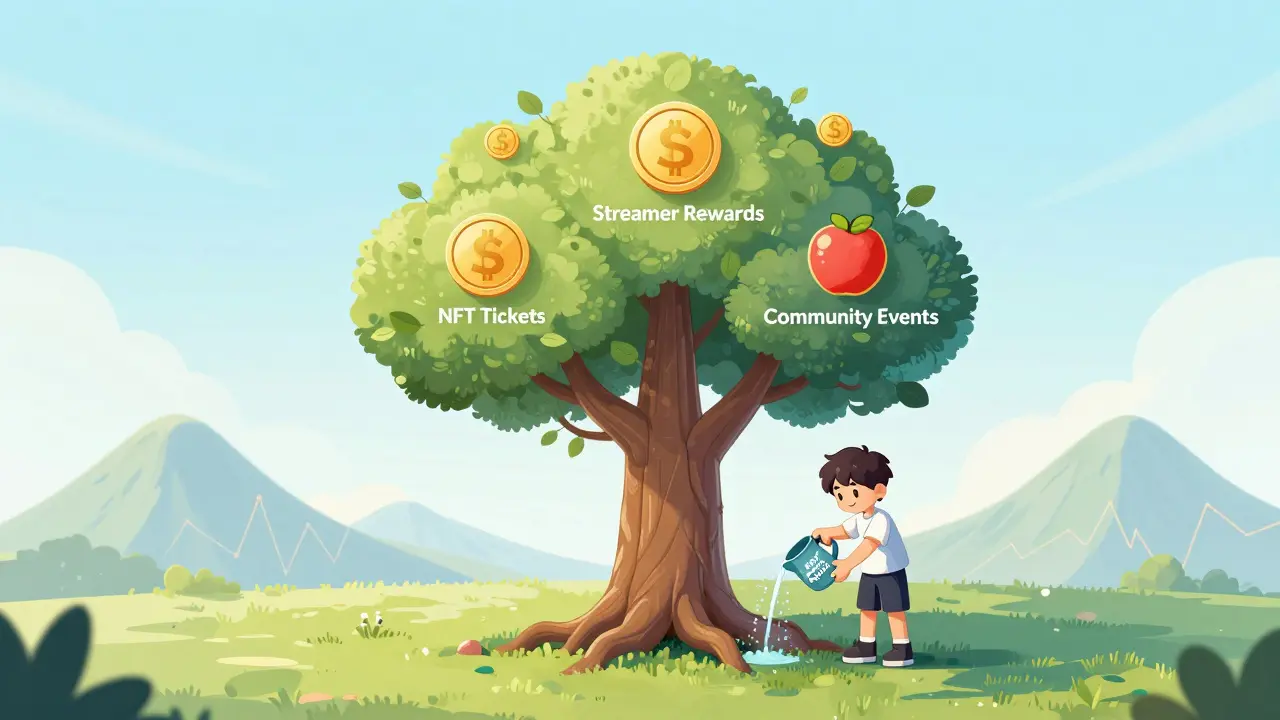 Ein Baum mit SPWN-Token-Früchten wächst aus einer Solana-Blockchain-Wurzel, symbolisiert die Entwicklung der Community seit dem Airdrop.