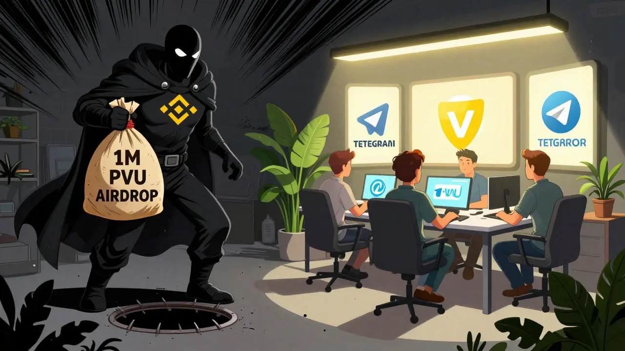 Ein Betrüger im Binance-Kostüm gegenüber dem echten PVU-Team, mit kontrastierenden Lichtverhältnissen und offiziellen Logos.
