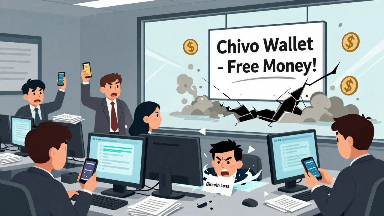 Ein chaotisches Regierungsamt mit kaputten Computern und verzweifelten Bürgern, umgeben von fehlerhaften Bitcoin-Transaktionen.