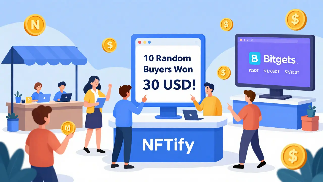 Ein digitaler NFT-Marktplatz mit Käufern, Verkäufern und N1-Token als Zahlungsmittel, Bitget als Handelsplattform im Hintergrund.