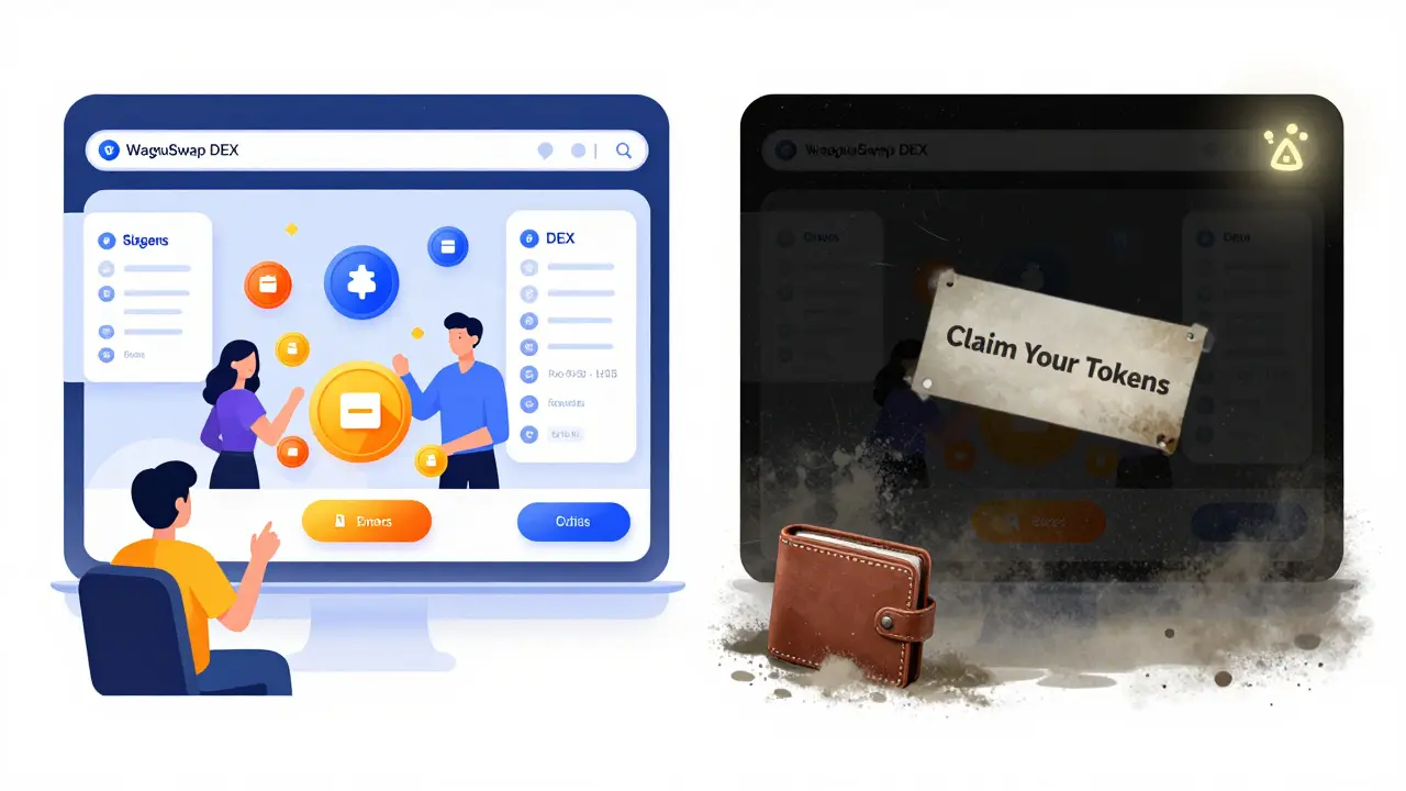 Ein ehemals aktiver DEX ist jetzt leer und verlassen, nur ein Staking-Symbol leuchtet noch in der Dunkelheit.