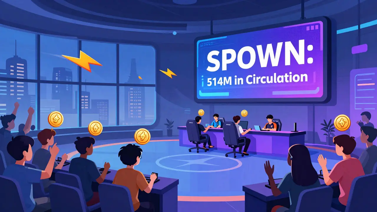 Ein Esport-Turnier mit realen Belohnungen in Form von SPWN-Tokens, die über den Spielern schweben, Solana-Symbole fließen durch die Luft.