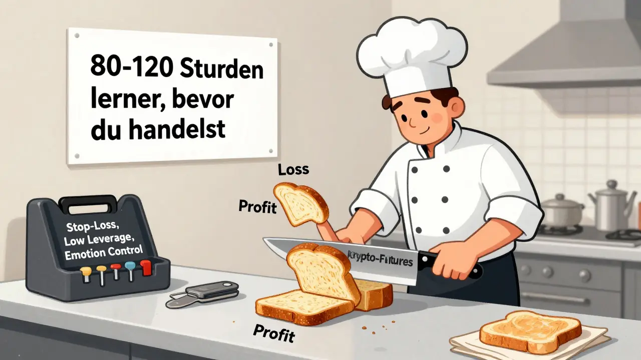 Ein Koch schneidet Brot mit einem Messer namens Krypto-Futures – eine Metapher für Gewinn und Verlust.