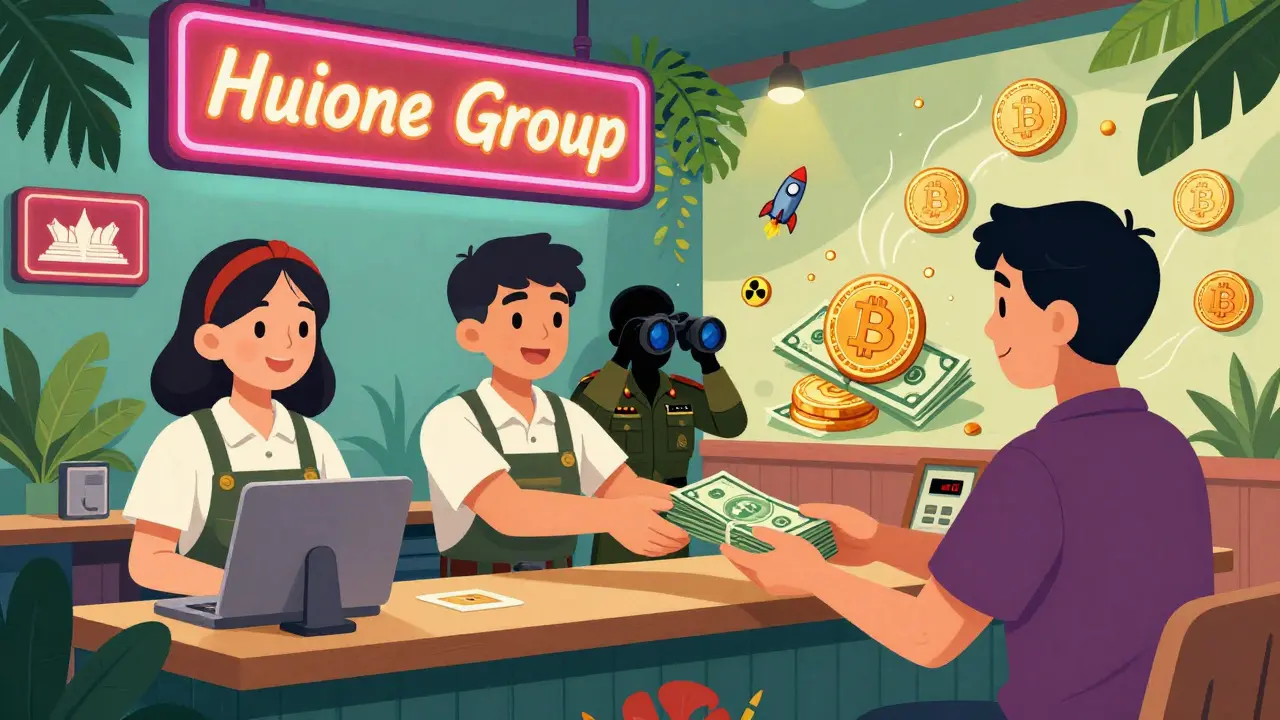 Ein Krypto-Café in Kambodscha, wo digitale Währungen in Bargeld umgewandelt werden, während ein geheimer Agent zusieht.