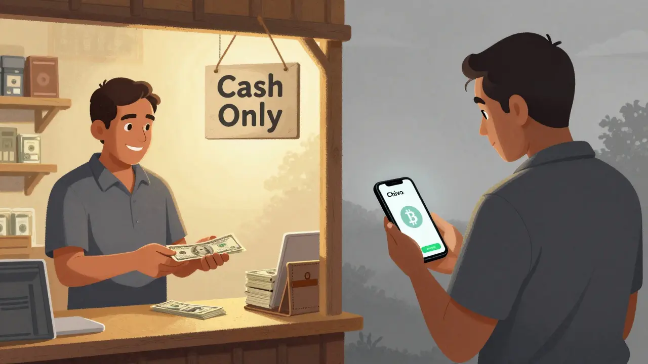 Ein Mann in einem Laden erhält Bargeld — rechts daneben stirbt die Chivo-Wallet-App in stiller Dunkelheit.