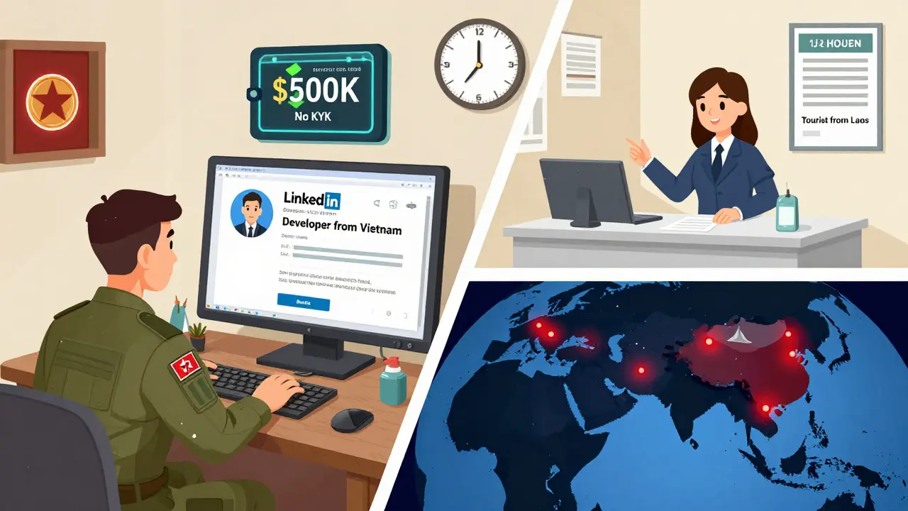 Ein nordkoreanischer IT-Soldat arbeitet remote und transferiert Geld über eine Cross-Chain-Bridge, während eine Bank es ohne Prüfung annimmt.