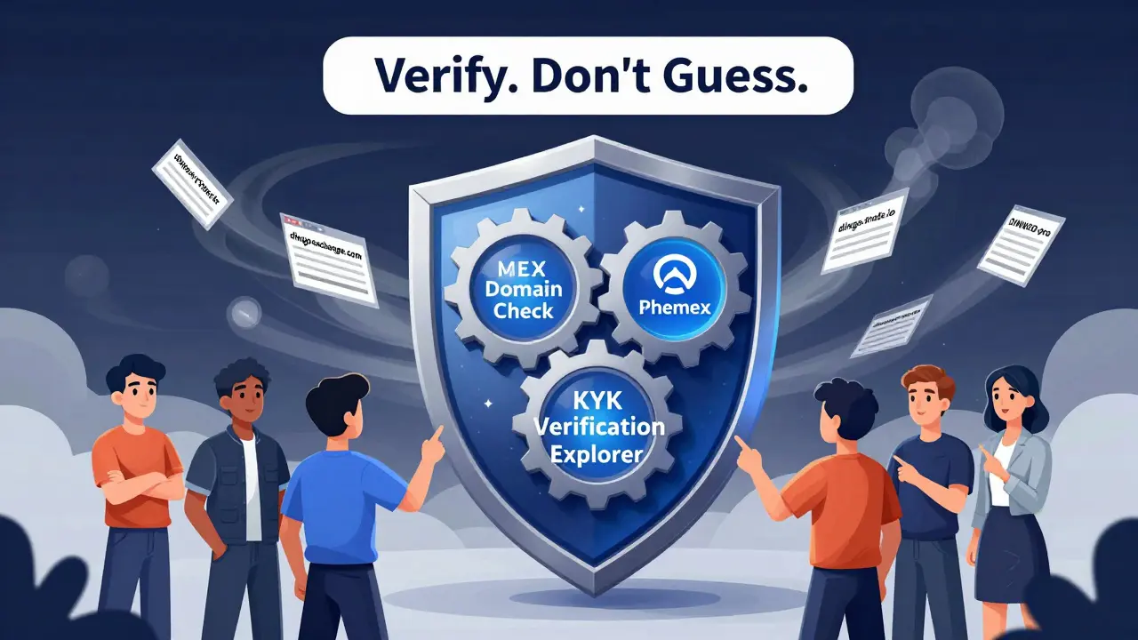 Ein Schild mit drei Sicherheitsmerkmalen schützt vor einer Wolke falscher Krypto-Websites, während vertrauenswürdige Exchanges leuchten.