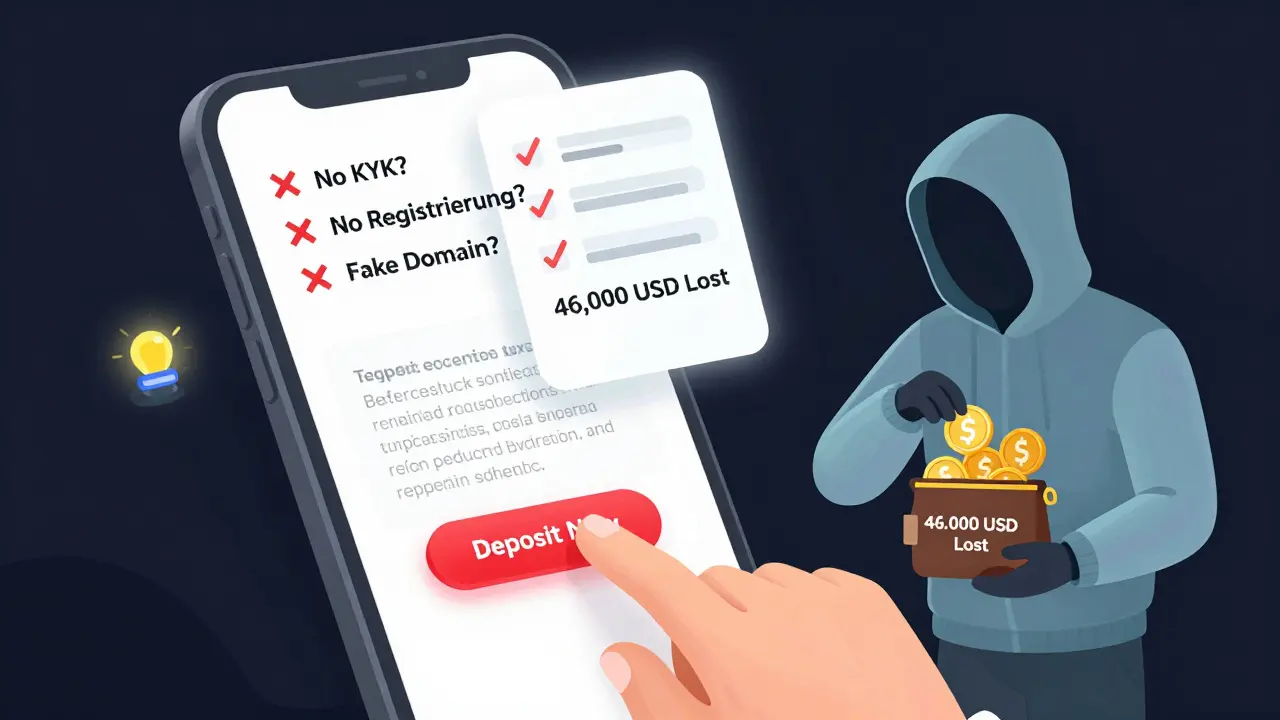 Ein Smartphone zeigt eine betrügerische Krypto-Website, während ein Hacker Coins stiehlt und eine Checkliste mit Warnhinweisen erscheint.