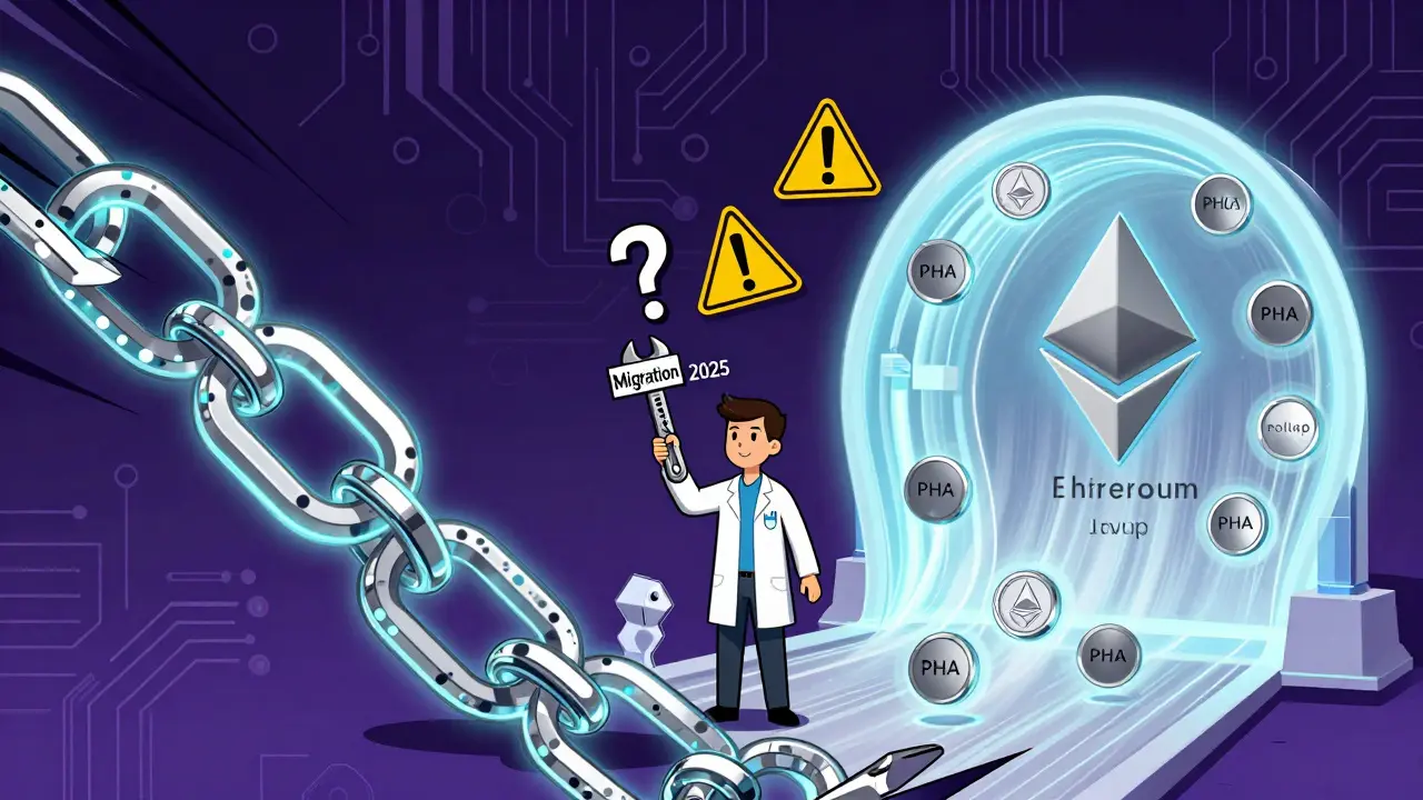 Ein technischer Wechsel von Polkadot zu Ethereum Layer 2 wird durch eine Lichttunnel-Migration dargestellt, mit einer Figur, die die Migration steuert.