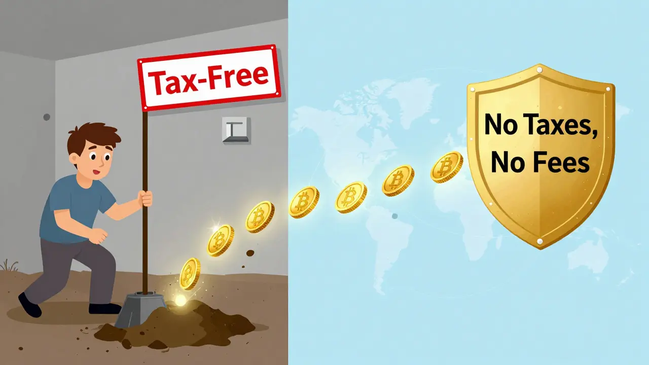 Ein Vergleich: Privatminer mit 'steuerfrei'-Stempel und Unternehmen in der Tbilisi Free Zone mit goldenem Schild 'keine Steuern, keine Gebühren'.